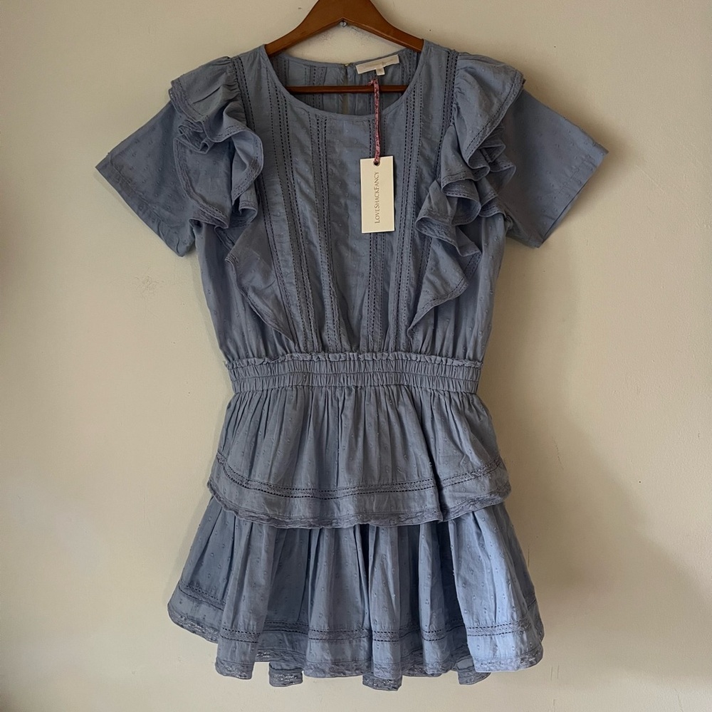 Love Shack Fancy Natasha Dress in Heather Blue Sz M NWT Ruffle Tiered - Picture 2 of 14
